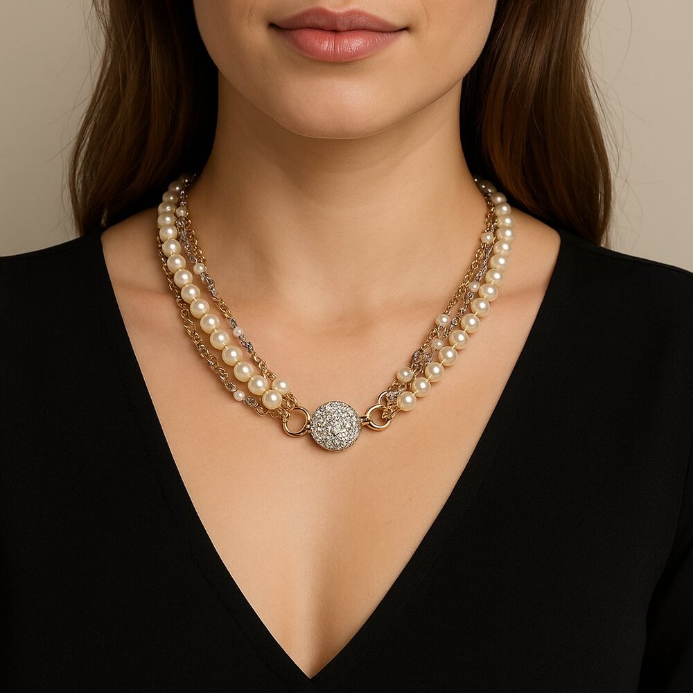 Elegant Gold Tone 3-Strand‎ Pearl & Crystal Necklace – Magnetic Closure – 20”